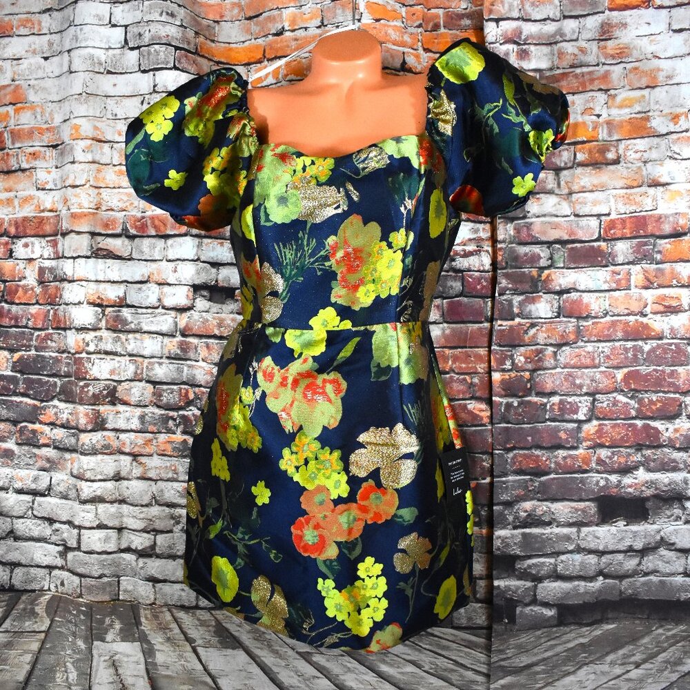 Lulus Large So Stunning Navy Blue Gold Floral Jacquard Puff Sleeve Mini Dress